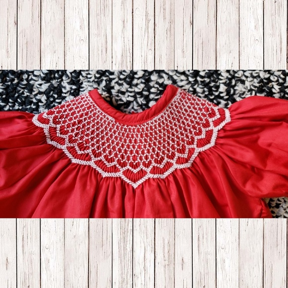 Festive Hand Smocked Holiday Bishop Dress - Picture 2 of 4